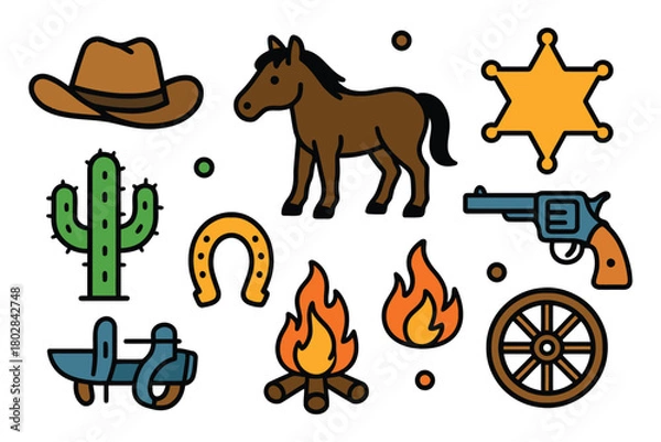 Obraz A vibrant cartoon illustration showcasing various iconic elements of the Wild West including a horse cowboy hat cactus and sheriff badge.