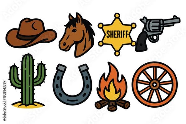 Obraz A vibrant collection of iconic Western symbols arranged in two rows, perfect for illustrating a Wild West theme.