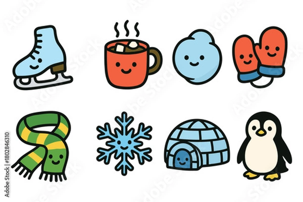 Obraz A collection of adorable, hand-drawn winter icons including a happy penguin, ice skates, hot chocolate, and a snowflake.