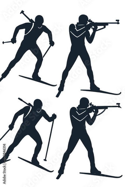 Obraz Dynamic silhouettes of biathlon athletes in skiing and shooting poses, embodying winter sports, competition, and endurance themes