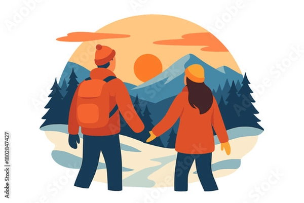 Fototapeta Take a break in the mountains as a family couple strolls hand in hand through the snowy pine peaks at sunset, embodying winter recreation and tourism