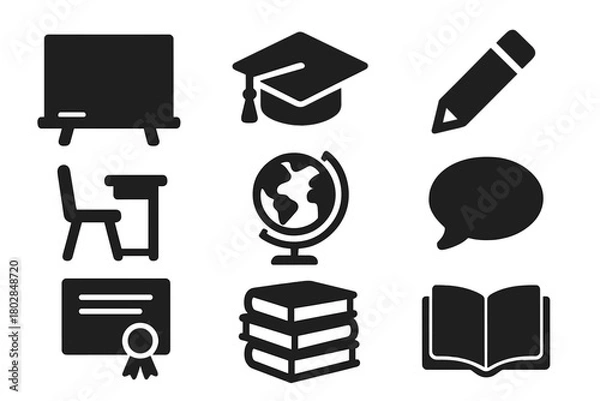 Obraz Education Icons Collection. Solid style icons of education: chalkboard, graduation cap, pencil, classroom desk, globe, speech