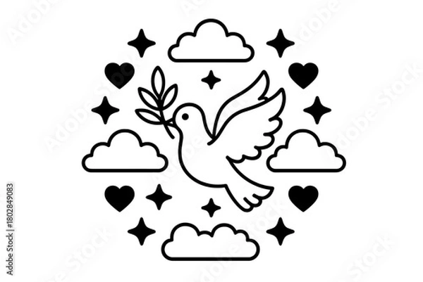 Fototapeta Peaceful Mandala Dove. Dove in the center with olive branches, clouds, stars, and hearts arranged in peaceful mandala balance,