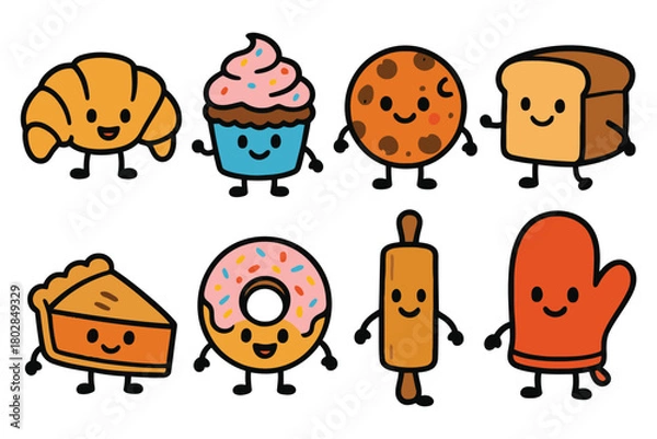 Obraz A collection of cute, anthropomorphic baked goods including a croissant, cupcake, cookie, bread, pie, donut, rolling pin, and oven mitt.