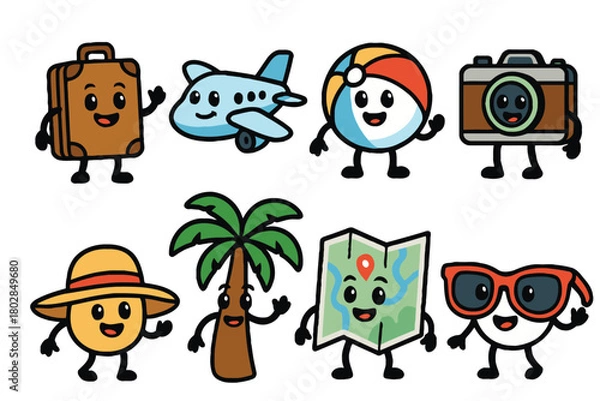 Obraz A collection of cute, anthropomorphic travel items and vacation symbols, all with smiling faces and waving arms, ready for an adventure.