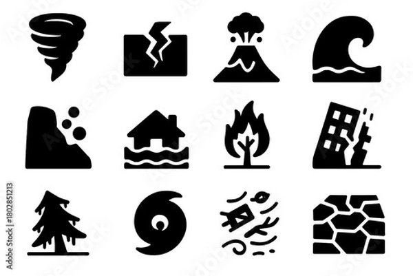 Fototapeta Natural Disaster Icons. Solid style icons of natural disasters: tornado, earthquake crack, volcano eruption, tsunami wave,