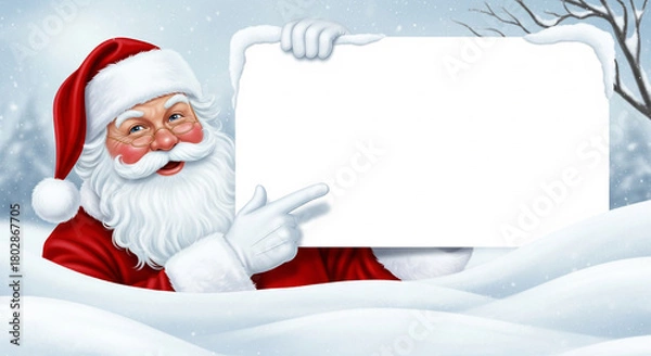 Obraz Santa Claus in a red suit with a large and blank white sign for Christmas messages on a snowy winter background