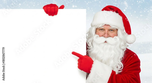 Obraz Santa Claus in a red suit with a large and blank white sign for Christmas messages on a snowy winter background