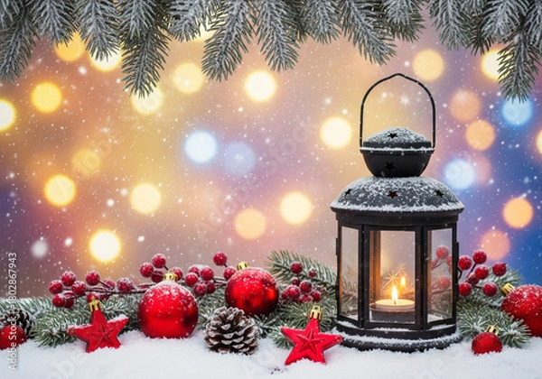 Obraz Lantern with candle siting in the snow surrounded by festive red Christmas ornaments