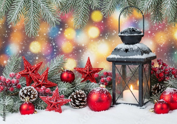 Obraz Lantern with candle siting in the snow surrounded by festive red Christmas ornaments