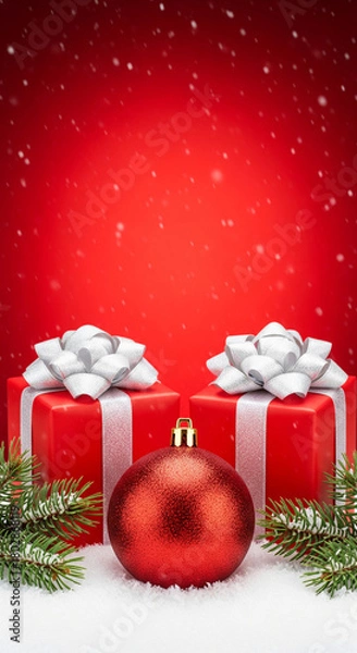 Obraz Two red gift boxes with bows and a red Christmas ornament in the snow with red background