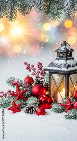 Obraz Lantern with candle siting in the snow surrounded by festive red Christmas ornaments