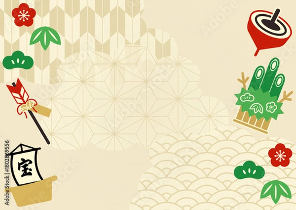 Obraz 
門松や破魔矢など正月モチーフが描かれた和風背景イラスト