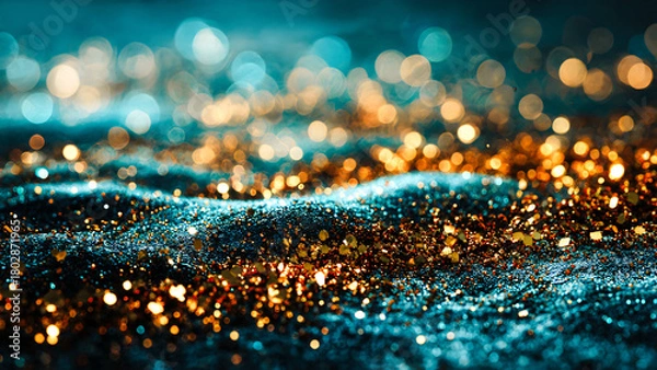 Fototapeta Sable et bokeh doré et turquoise