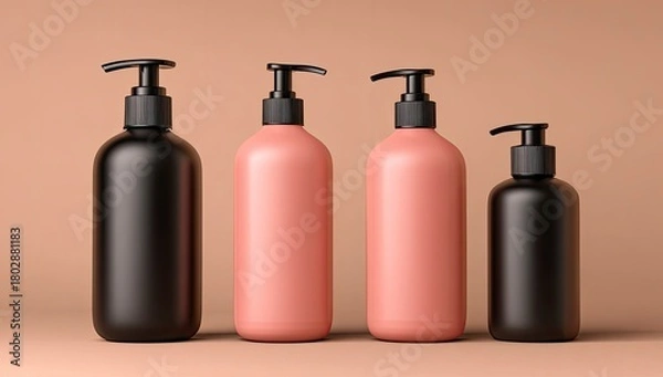 Obraz Four plastic pump bottles, black and pink