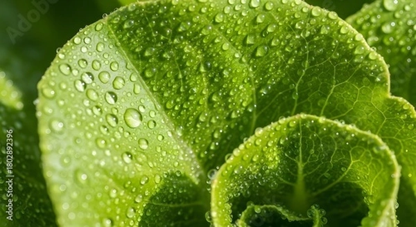 Obraz Closeup of vibrant green lettuce leaves covered in sparkling water droplets