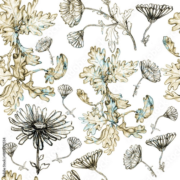 Obraz Seamless Pattern with Chrysanthemum and Oak