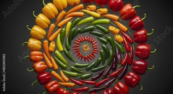 Obraz Colorful spiral arrangement of fresh peppers and carrots on dark background