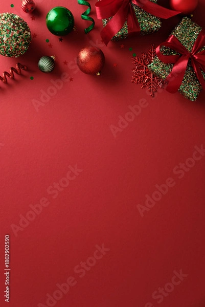 Obraz Vertical Christmas background with gifts, snowflakes, and ornaments bordering the top edge.
