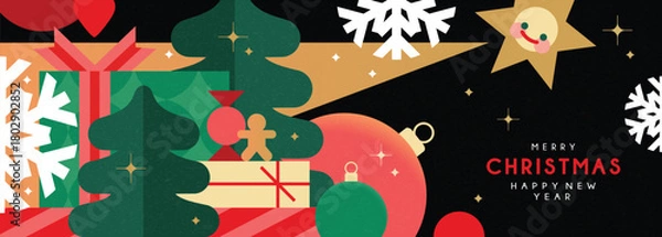 Fototapeta Christmas banner in contemporary flat minimalist style with cute cartoon Star of Bethlehem . Design for Holiday banner, advent calendar or greeting card. Vector illustration
