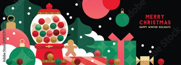 Fototapeta Christmas banner in contemporary flat minimalist style with retro gumball machine. Design for Holiday banner, advent calendar or greeting card. Vector illustration
