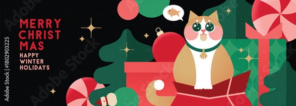 Fototapeta Christmas banner in contemporary flat minimalist geometric style with cute well fed cat sitting on a gift box . Design for Holiday banners, greeting cards or advent calendar. Vector illustration
