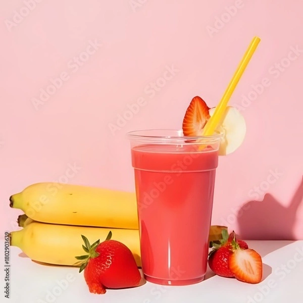 Fototapeta pitaya Smoothie with banana strawberry and apple juice in a plastic cup