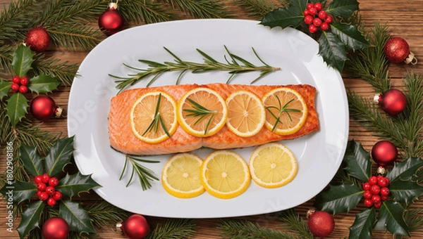 Fototapeta Baked salmon with rosemary and lemon, surrounded by Christmas greenery and red ornaments, top view