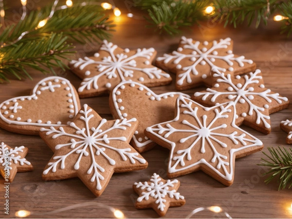Fototapeta Close-up photo of Christmas gingerbread cookies decorated with white icing, on a wooden table with pine branches and warm fairy lights, ultra-realistic, shallow depth of field