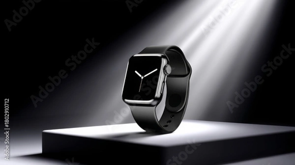 Obraz Sleek black smartwatch displayed on a pedestal with dramatic lighting, showcasing modern design and technology, ideal for fitness tracking and daily use