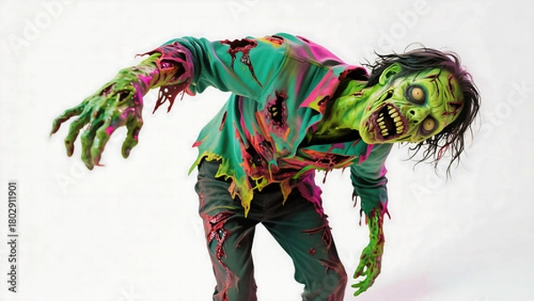 Obraz A realistic zombie creature with decayed green skin and torn clothing, reaching forward with an aggressive expression against a white background.