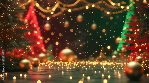 Obraz Lush 3D Christmas background with red and green trees, gold ornaments, and warm fairy lights.