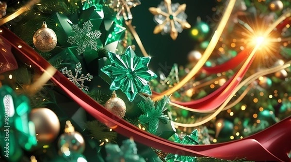 Obraz Luxurious 3D Christmas background with flowing ribbon, crystal snowflakes, and emerald bokeh.
