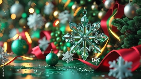 Obraz Luxurious 3D Christmas background with flowing ribbon, crystal snowflakes, and emerald bokeh.