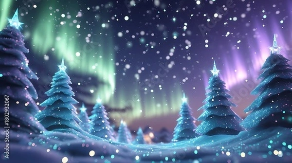 Obraz Magical Christmas scene with glowing blue trees, sparkling snow, and vibrant northern lights.