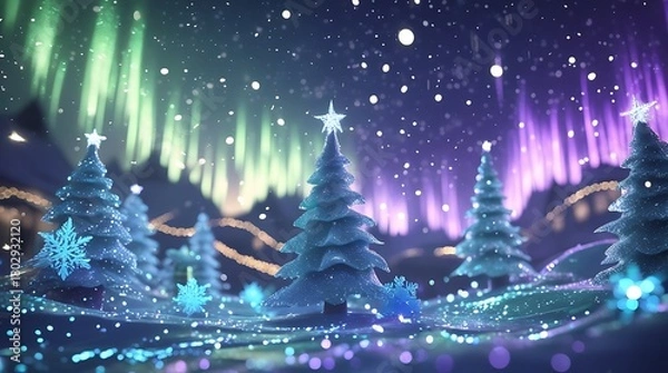 Obraz Magical Christmas scene with glowing blue trees, sparkling snow, and vibrant northern lights.