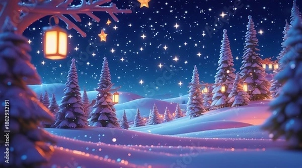 Obraz Magical snowy Christmas night landscape with glowing lanterns, starry sky, and pine trees.