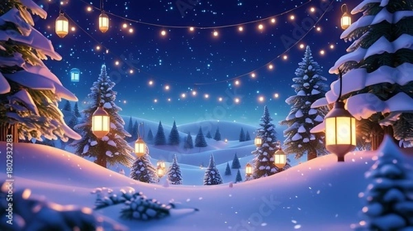 Obraz Magical snowy Christmas night landscape with glowing lanterns, starry sky, and pine trees.