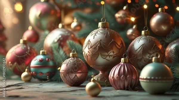 Obraz Vintage Christmas ornaments on a pine tree with warm lights, featuring a central antique bauble.