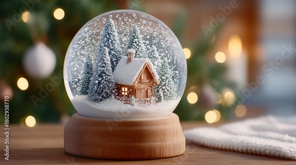 Fototapeta Snow globe with cabin and trees on wooden base in festive setting