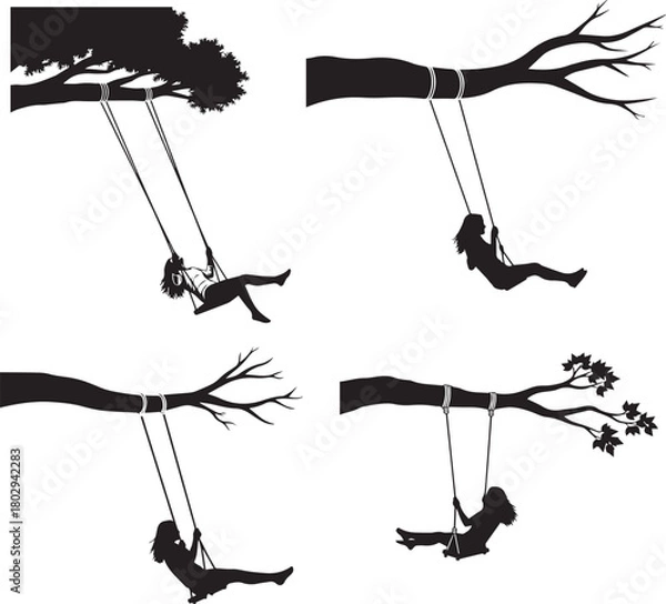 Obraz Tree Swing Silhouette Set – Minimalist Black & White Vector Illustrations of Childhood Joy and Nature’s Serenity