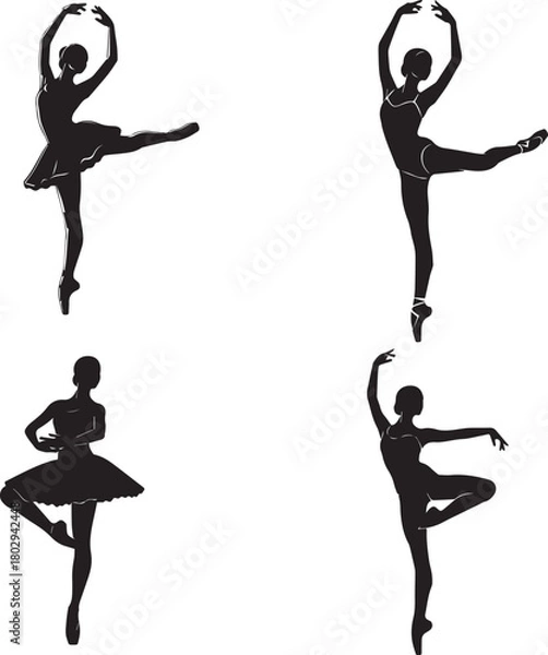 Obraz Ballet Dancer Silhouette Set – Minimalist Black & White Vector Illustrations of Classical Dance and Graceful Motion