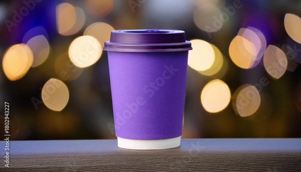 Fototapeta Purple Takeaway Coffee Cup Against Christmas Tree Bokeh Background. Generated Image