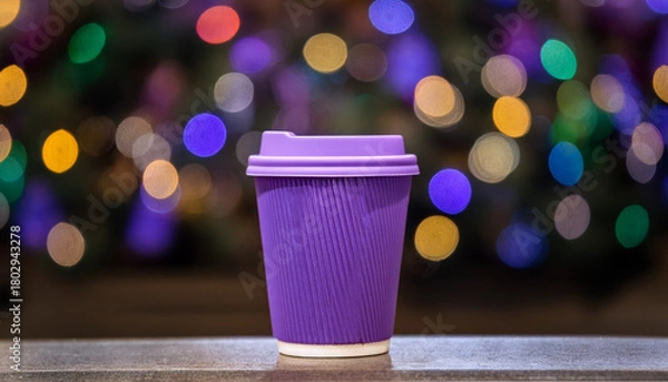 Fototapeta Purple Takeaway Coffee Cup Against Christmas Tree Bokeh Background. Generated Image