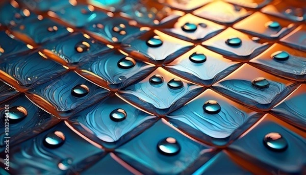 Fototapeta water droplets resting on textured surface tiles generative ai