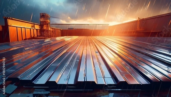 Fototapeta metal roofing sheets glisten in the rain on a construction site generative ai