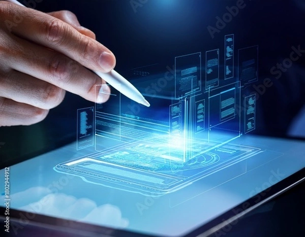 Fototapeta hand with stylus filling digital holographic form on tablet