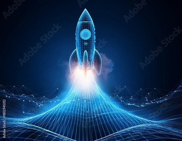 Obraz digital rocket launches from dark tech background blue wireframe spacecraft takes off with bright flame clouds below future space travel innovation startup growth concept global data network