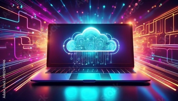 Fototapeta laptop with holographic ai cloud storage secure network connection