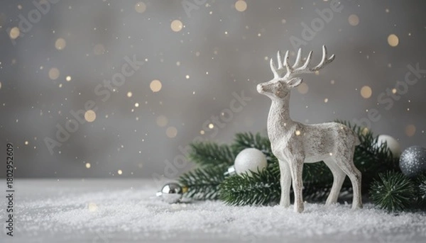 Fototapeta White decorative reindeer surrounded by soft winter elements creating a peaceful holiday-inspired scene.